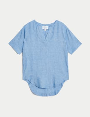 

Womens M&S Collection Pure Linen V-Neck Popover Blouse - Light Chambray, Light Chambray