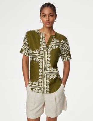 

M&S Collection Blusa cerrada 100% lino de escote en pico estampadaWomens - Bright Sage, Bright Sage