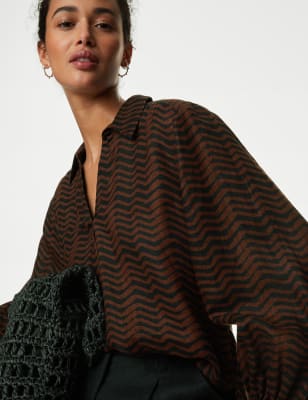 

Womens M&S Collection Bedruckte Popover-Kragenbluse aus reinem Leinen - Brown Mix, Brown Mix