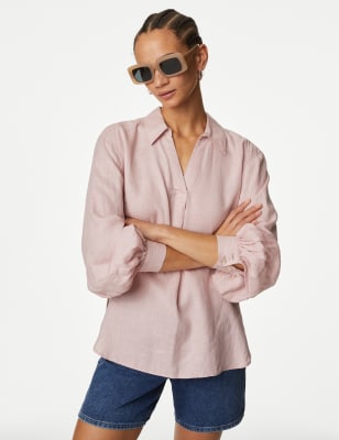 

Womens M&S Collection Pure Linen Collared Popover Blouse - Pink Shell, Pink Shell