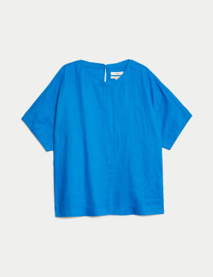 

M&S Collection Blusa informal 100% lino con cuello redondoWomens - Bright Blue, Bright Blue