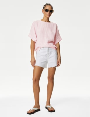 

Womens M&S Collection Gemusterte Bluse aus reinem Leinen in bequemer Passform - Pink Mix, Pink Mix