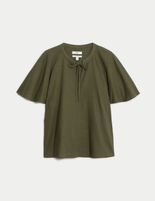 

Womens M&S Collection Linen Rich Tie Neck Angel Sleeve Blouse, Hunter Green