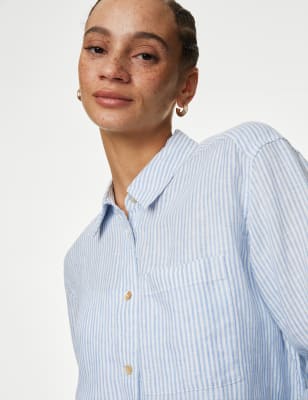 

Womens M&S Collection Pure Linen Striped Relaxed Shirt - Blue Mix, Blue Mix