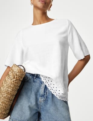 

Womens M&S Collection Normal geschnittenes Oberteil mit hohem Leinenanteil und Lochstickerei - White, White
