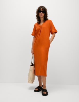 

Womens M&S Collection Linen Rich V-Neck Popover Midi Dress - Marmalade, Marmalade