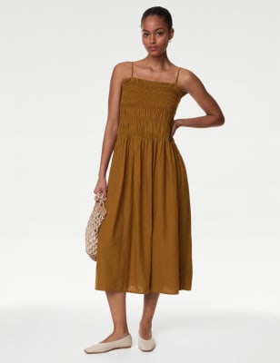 

Womens M&S Collection Linen Rich Square Neck Midi Slip Dress - Copper Tan, Copper Tan