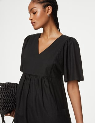 

M&S Collection Vestido fruncido a media pierna de manga kimono de linoWomens - Black, Black