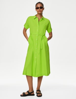 

Womens M&S Collection Linen Rich Button Through Midi Shirt Dress - Lime, Lime