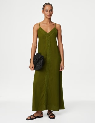 

Womens M&S Collection Linen Rich V-Neck Strappy Midaxi Slip Dress - Bright Sage, Bright Sage