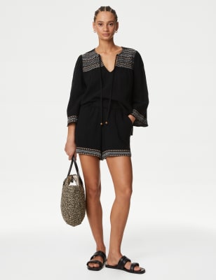 

M&S Collection Pantalón corto playero 100% algodón con bordadoWomens - Black Mix, Black Mix