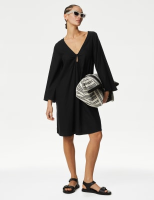

Womens M&S Collection Mini-Strandkleid mit hohem Leinenanteil und V-Ausschnitt - Black, Black