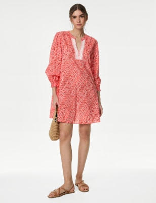 

Womens M&S Collection Pure Cotton Printed V-Neck Kaftan Beach Dress - Flame, Flame
