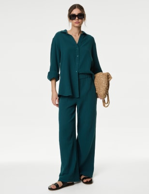 

Womens M&S Collection Bequeme Hose aus reiner Baumwolle mit elastischem Bund - Dark Turquoise, Dark Turquoise