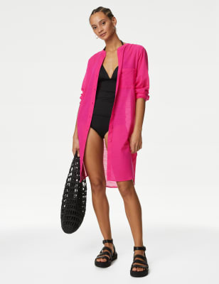 

Womens M&S Collection Pure Cotton Round Neck Longline Beach Shirt - Pink Fizz, Pink Fizz