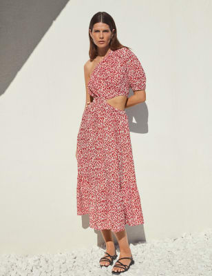 

Womens M&S Collection Pure Cotton Printed One Shoulder Beach Dress - Dark Red Mix, Dark Red Mix