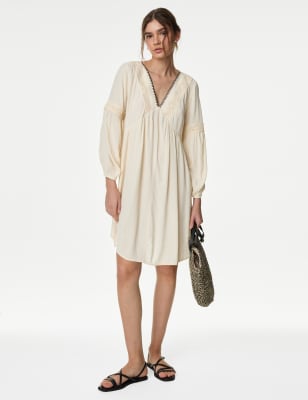 

Womens M&S Collection Mini-Strandkleid mit V-Ausschnitt und Stickerei - Ecru, Ecru