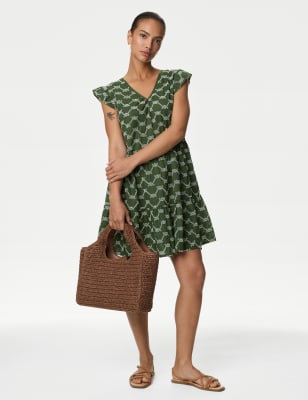 

Womens M&S Collection Pure Cotton Broderie V-Neck Mini Beach Dress - Green Mix, Green Mix