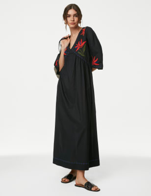 

Womens M&S Collection Pure Cotton Embroidered V-Neck Beach Dress - Black, Black