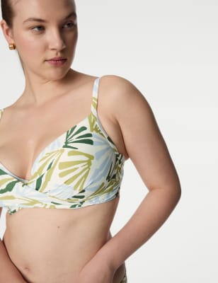 M&S Women's Printed Wired Padded Plunge Bikini Top - 34E - Lime Mix, Lime Mix