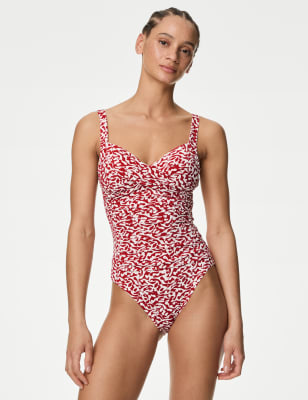 

Womens M&S Collection Tummy Control Printed Plunge Swimsuit - Dark Red Mix, Dark Red Mix