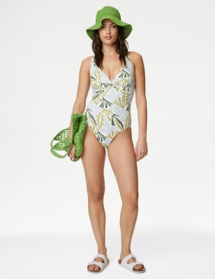 

Womens M&S Collection Tummy Control Printed Plunge Swimsuit - Green Mix, Green Mix