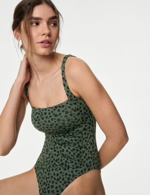 

Womens M&S Collection Tummy Control Printed Square Neck Swimsuit - Dark Green Mix, Dark Green Mix