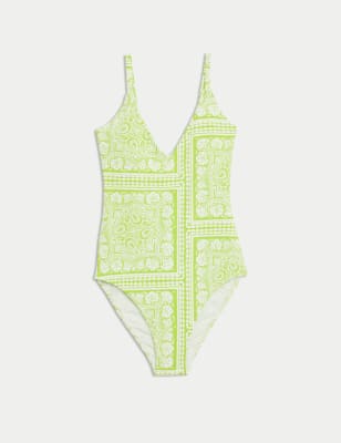 

Womens M&S Collection Tummy Control Palm Print Plunge Swimsuit - Lime Mix, Lime Mix