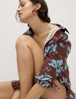 

Womens M&S Collection Bedrucktes Standhemd aus reiner Baumwolle mit durchgehender Knopfleiste - Brown Mix, Brown Mix