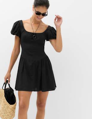 Womens M&S Linen Blend Square Neck Puff Sleeve Mini Dress, Black
