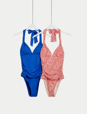 

Womens M&S Collection 2 Pack Tummy Control Plunge Halterneck Swimsuit - Blue Mix, Blue Mix