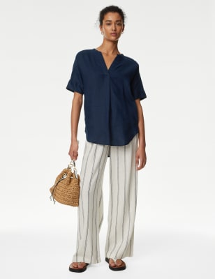 

Womens M&S Collection Pure Linen Short Sleeve Popover Blouse - Navy, Navy