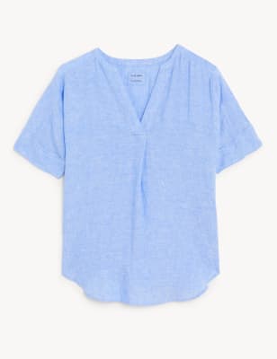 

M&S Collection Blusa cerrada 100% lino de manga cortaWomens - Light Chambray, Light Chambray