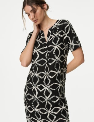 

Womens M&S Collection Linen Rich Printed V-Neck Shift Dress - Black Mix, Black Mix