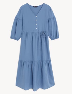 

Womens M&S Collection Linen Blend V-Neck Belted Midi Tiered Dress - Ocean, Ocean