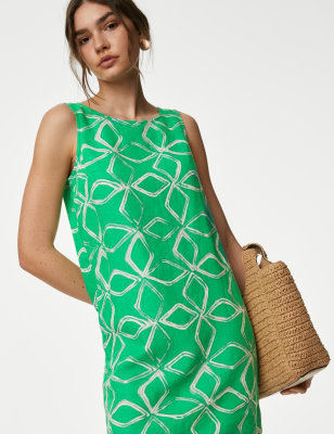 

Womens M&S Collection Linen Rich Printed Round Neck Shift Dress - Medium Green, Medium Green