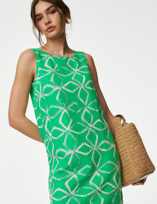 

M&S Collection Vestido recto de lino con cuello redondo estampadoWomens - Medium Green, Medium Green