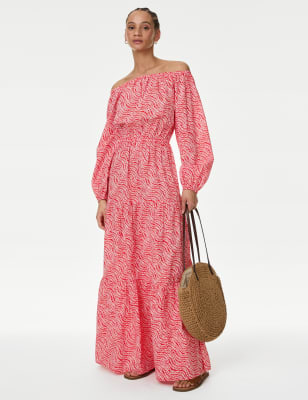 

Womens M&S Collection Gemustertes Midaxi-Strandkleid aus reiner Baumwolle im Bardot-Stil - Flame, Flame