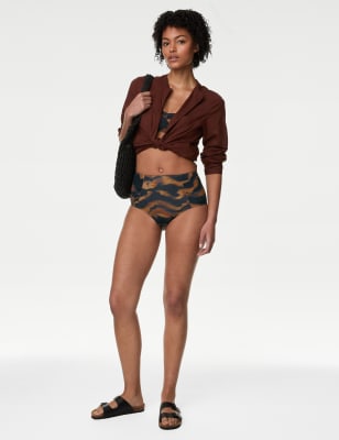 

Womens M&S Collection Tummy Control Printed Ruched Bikini Bottoms - Dark Brown Mix, Dark Brown Mix