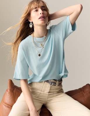 

Womens Per Una Pure Cotton Short Sleeve Boxy T-Shirt, Soft Peacock