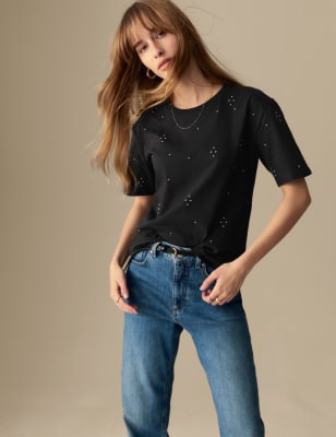 

Womens Per Una Pure Cotton Embellished Relaxed T-Shirt - Black, Black