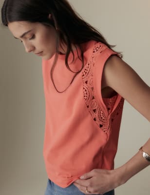 

Womens Per Una Pure Cotton Lace Insert T-Shirt - Bright Coral, Bright Coral