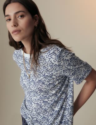

Womens Per Una Linen Blend Printed T-Shirt - Blue Mix, Blue Mix