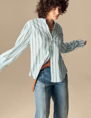 

Womens Per Una Cotton Blend Striped V-Neck Shirt - Blue Mix, Blue Mix