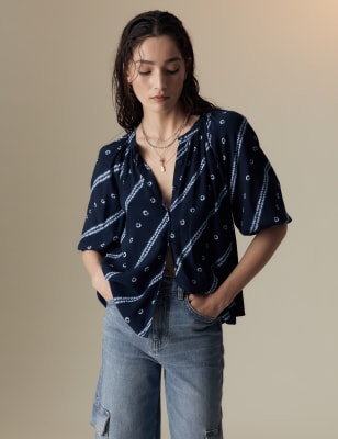 

Womens Per Una Printed Collarless Button Through Blouse - Navy Mix, Navy Mix