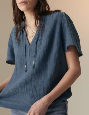 

Per Una Blusa 100% algodón texturizada y lazo en el cuelloWomens - Air Force Blue, Air Force Blue