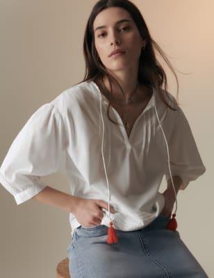 

Per Una Blusa con fruncido con lazo en el cuello 100% algodónWomens - Ecru, Ecru