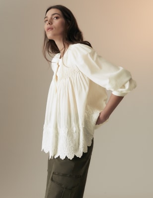 

Womens Per Una Bluse mit hohem Baumwollanteil und Spitzendetail - Ecru, Ecru