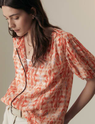 

Womens Per Una Cupro Rich Printed Short Sleeve Blouse - Orange Mix, Orange Mix