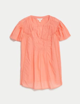 

Womens Per Una Cotton Rich Notch Neck Shirred Blouse - Bright Coral, Bright Coral